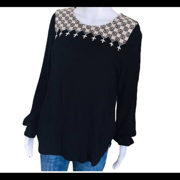 GAP Boho Embroidery Peasant Blouse With Long Sleeves Black/Ivory Size XS - Picture 4 of 15